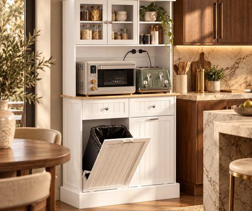 Kitchen Cabinet with Charging Station, 2 Tilt Out Cabinets, Microwave Stand, Freestanding Kitchen Pantry Cabinet, White featured in How to Create a Breakfast Station for Busy Mornings