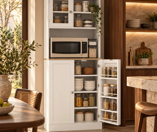 66.5" Tall Kitchen Pantry Cabinet, Kitchen Hutch, Microwave Cabinet with Adjustable Shelves for Dining Room, White featured in How to Choose a Kitchen Hutch That Looks Like Part of Your Home