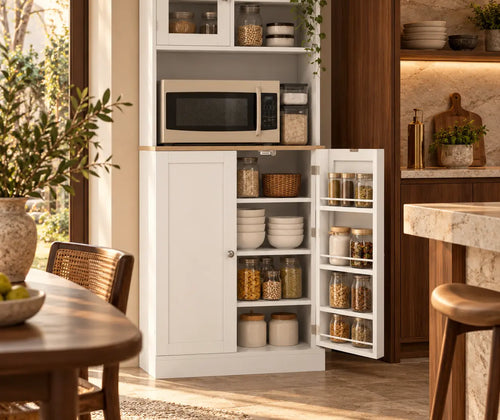 66.5" Tall Kitchen Pantry Cabinet, Kitchen Hutch, Microwave Cabinet with Adjustable Shelves for Dining Room, White featured in How to Choose a Kitchen Hutch That Looks Like Part of Your Home