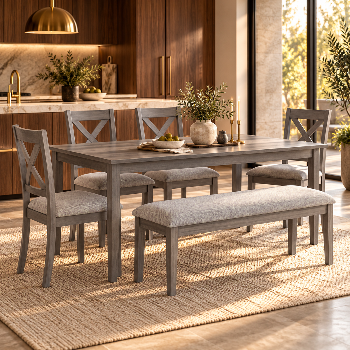 6-Piece Gray Dining Set for 6 with Rectangular Wood Table, 4 Upholstered Chairs & Bench featured in Dining Bench vs. Dining Chairs: Which Setup Fits Your Household?
