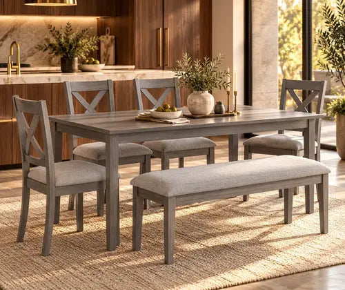 6-Piece Gray Dining Set for 6 with Rectangular Wood Table, 4 Upholstered Chairs & Bench featured in Dining Bench vs. Dining Chairs: Which Setup Fits Your Household?