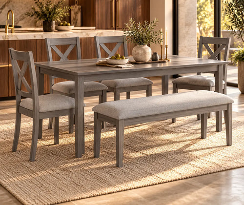6-Piece Gray Dining Set for 6 with Rectangular Wood Table, 4 Upholstered Chairs & Bench featured in Dining Bench vs. Dining Chairs: Which Setup Fits Your Household?