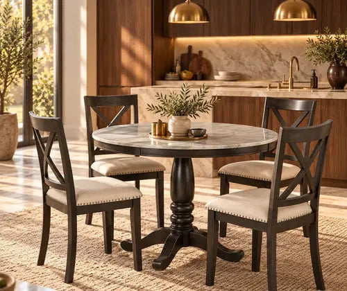 5 Pieces Dining Table and Chairs Set For 4 Persons, Kitchen Room Solid Wood Table With 4 Chairs featured in How to Host Dinner in a Small Apartment Without Rearranging Everything