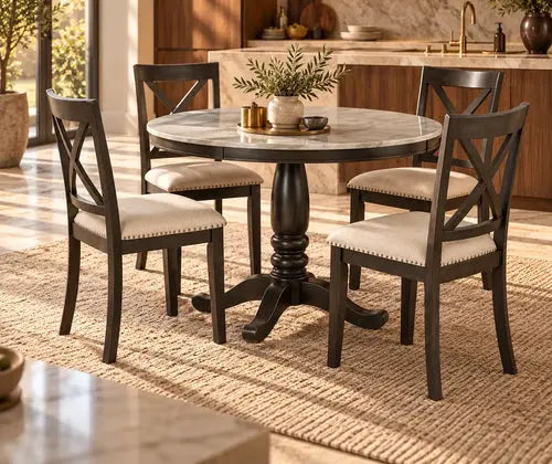 5 Pieces Dining Table and Chairs Set For 4 Persons, Kitchen Room Solid Wood Table With 4 Chairs featured in How to Host Dinner in a Small Apartment Without Rearranging Everything