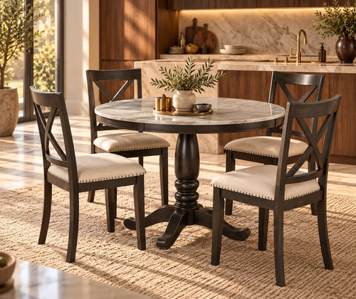 5 Pieces Dining Table and Chairs Set For 4 Persons, Kitchen Room Solid Wood Table With 4 Chairs featured in How to Host Dinner in a Small Apartment Without Rearranging Everything