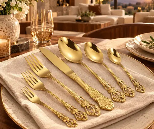 Stainless Steel Cutlery Spoon West Dinnerware Set Gold Plated featured in Gold Flatware Styling Ideas for an Elegant Dinner Table