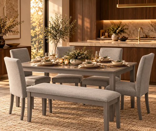 6-Piece Gray Dining Set for 6 with Rectangular Wood Table, 4 Upholstered Chairs & Bench featured in How to Prepare Your Dining Room for Holiday Guests