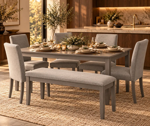 6-Piece Gray Dining Set for 6 with Rectangular Wood Table, 4 Upholstered Chairs & Bench featured in How to Prepare Your Dining Room for Holiday Guests