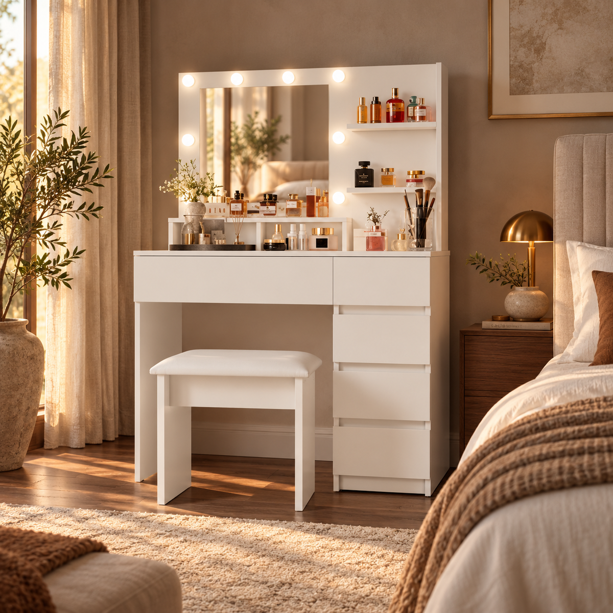 Vanity, Makeup Vanity Desk Set With Mirror & Light, Dressing Table Storage Lots With Power Strip, 3 Lighting Modes With Adjustable Brightness, 37 Inches White With Stool featured in Compact Vanity vs. Full Vanity Set: Which Features Are Worth the Space?