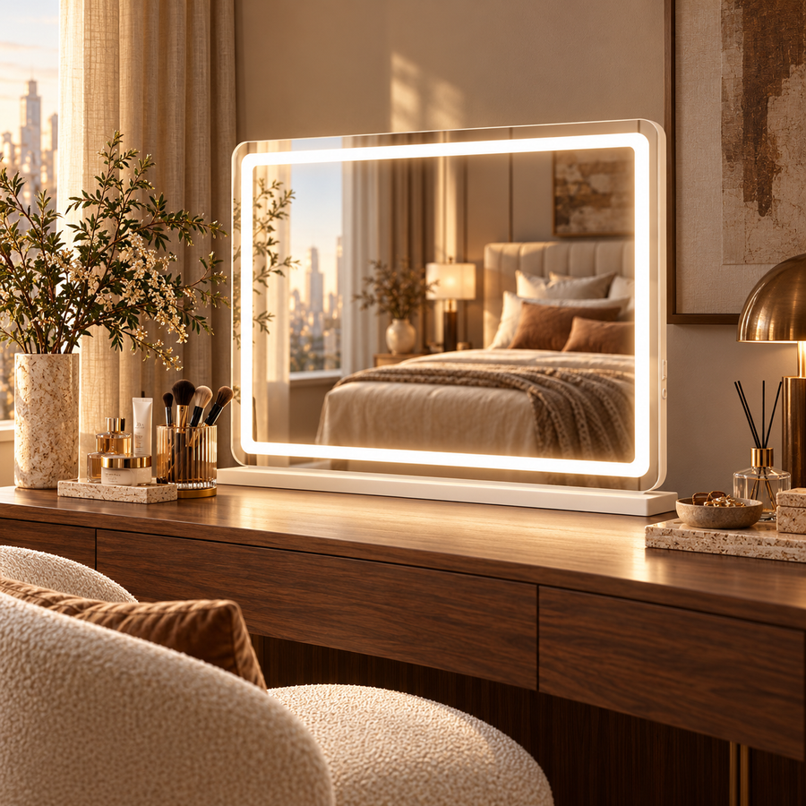 Vanity Mirror With Lights, LED Makeup Mirror With Dimmable 3 Color Modes, Touch Screen Control Vanity Based Mirror Desk Mirror Square White featured in Vanity Desk vs. Lighted Mirror: Which Should You Buy First?