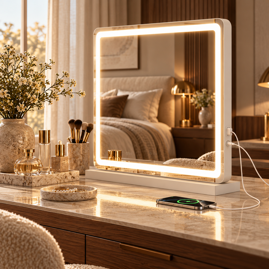 Vanity Mirror With Lights, LED Makeup Mirror With Dimmable 3 Color Modes, Touch Screen Control Vanity Based Mirror Desk Mirror Square White featured in How to Build a Simple Bedroom Refresh Around Three Useful Pieces