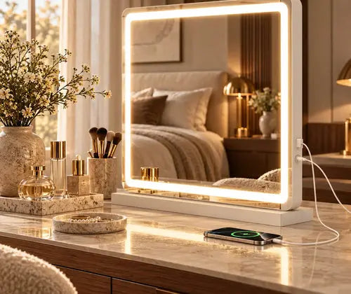 Vanity Mirror With Lights, LED Makeup Mirror With Dimmable 3 Color Modes, Touch Screen Control Vanity Based Mirror Desk Mirror Square White featured in How to Build a Simple Bedroom Refresh Around Three Useful Pieces