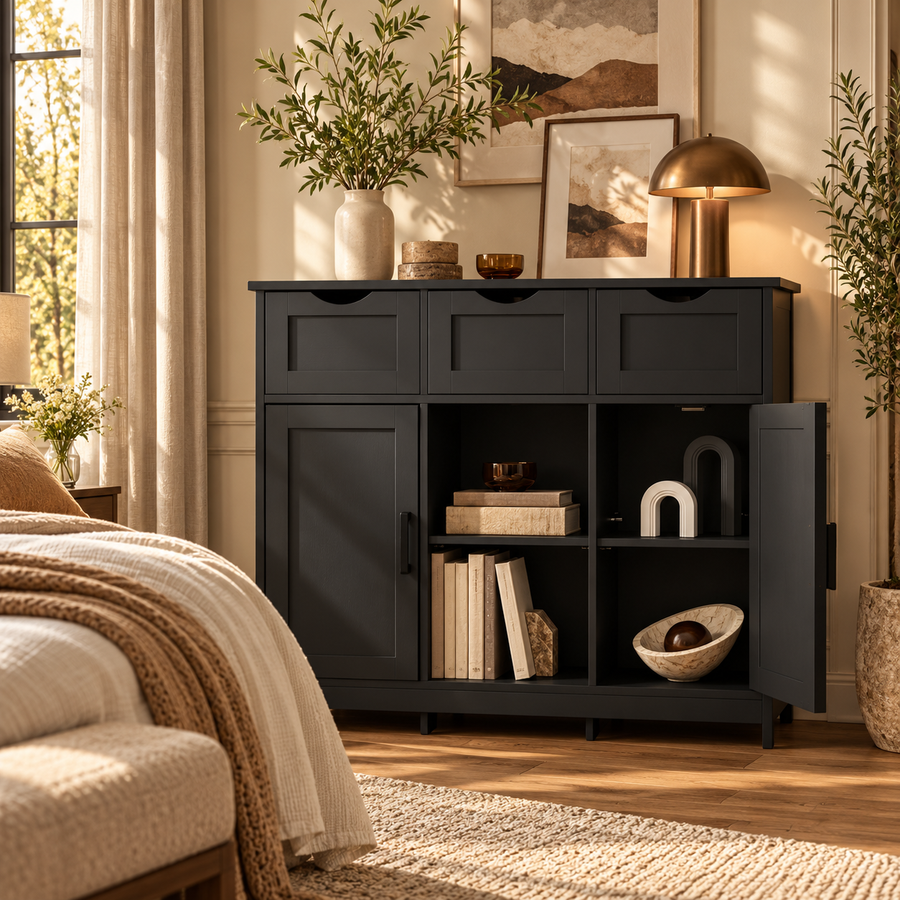 Storage Cabinet, Wooden Floor Cabinet, Storage Cabinet With Drawers And Shelves, Living Room, Bedroom, Bathroom Furniture, Home Decoration Cabinet featured in How to Keep Shared Bedroom Storage Organized