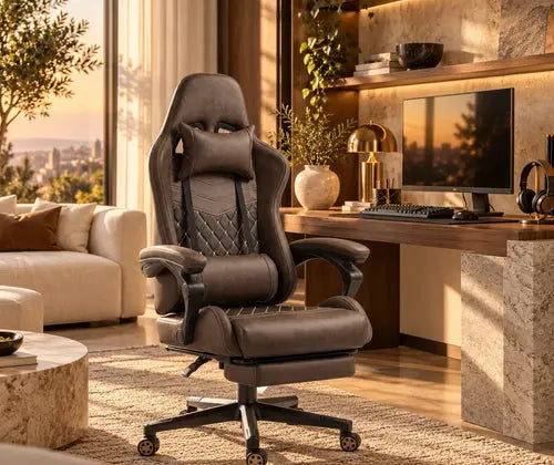 Racing Gaming Chair Diamond PU Leather Office Gamer Chair High Back Swivel Recliner with Footrest, Lumbar Support, Adjustable Height, Brown featured in How to Set Up a Comfortable Gaming Corner That Fits Your Living Space