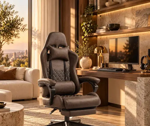 Racing Gaming Chair Diamond PU Leather Office Gamer Chair High Back Swivel Recliner with Footrest, Lumbar Support, Adjustable Height, Brown featured in How to Set Up a Comfortable Gaming Corner That Fits Your Living Space