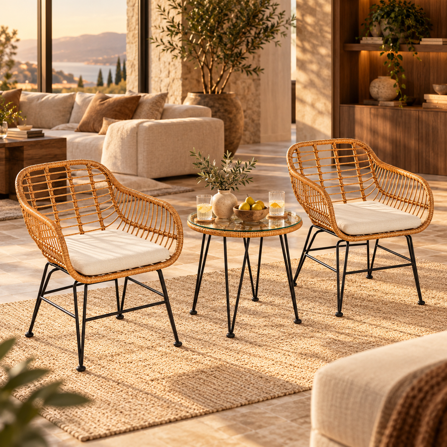 3 Pieces Rattan Furniture Set With Cushioned Chair Table featured in How to Decorate with Rattan Without Making Every Piece Match