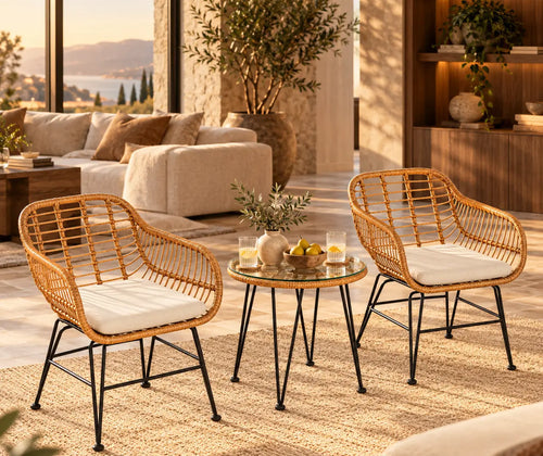 3 Pieces Rattan Furniture Set With Cushioned Chair Table featured in How to Decorate with Rattan Without Making Every Piece Match