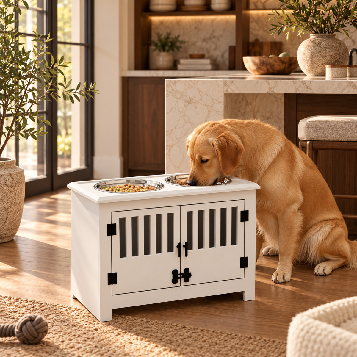 Dog Food Storage Cabinet with Bowls & Dog Feeding Station, White featured in How to Organize a Dog Feeding Station Without Kitchen Clutter