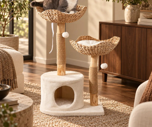 37 Inch Modern Cat Tree w/ Wooden Scratching Posts, Condo, Beds, Cushions, Toy Balls & Anti-Tip Kit featured in How to Choose a Cat Tree That Works with Your Home Décor