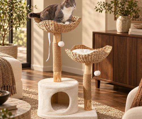 37 Inch Modern Cat Tree w/ Wooden Scratching Posts, Condo, Beds, Cushions, Toy Balls & Anti-Tip Kit featured in How to Choose a Cat Tree That Works with Your Home Décor