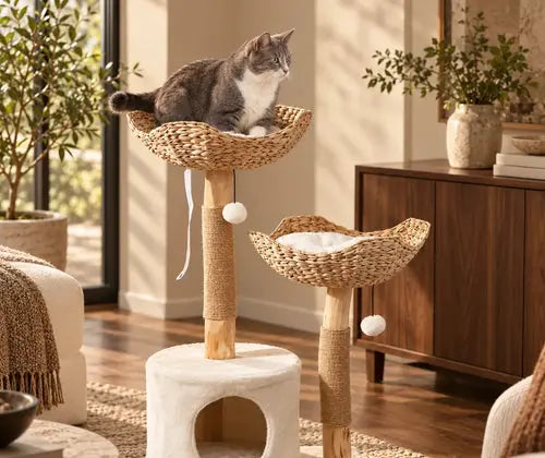 37 Inch Modern Cat Tree w/ Wooden Scratching Posts, Condo, Beds, Cushions, Toy Balls & Anti-Tip Kit featured in How to Choose a Cat Tree That Works with Your Home Décor