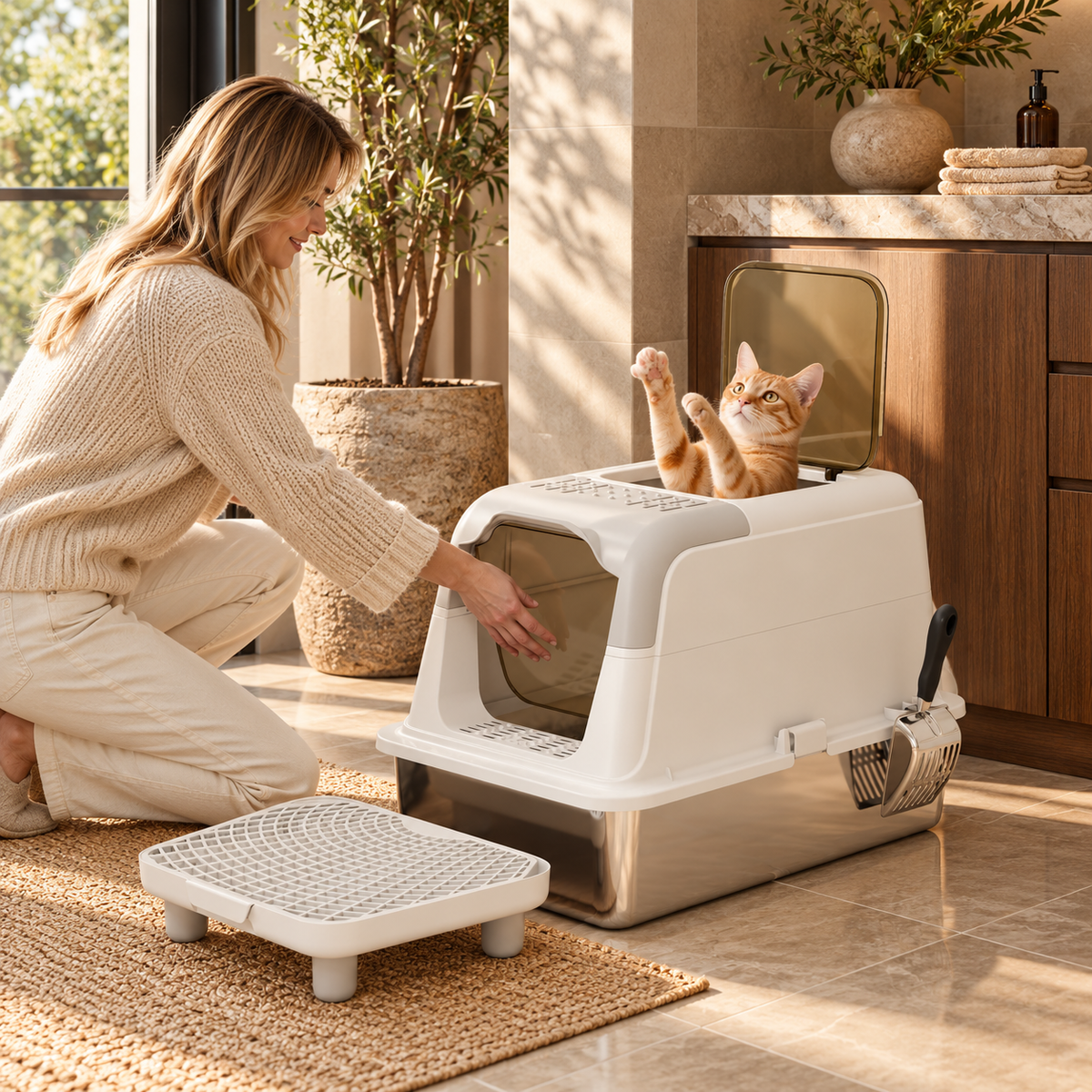 Extra Large Stainless Steel Litter Box, Enclosed Cat Litter Box with Scoop, Deodorizer Bag, Sand Drop Pedal featured in How to Plan a Litter Box Area Without Letting It Dominate the Room