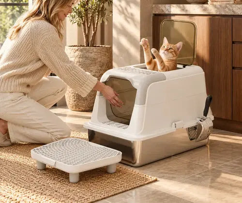 Extra Large Stainless Steel Litter Box, Enclosed Cat Litter Box with Scoop, Deodorizer Bag, Sand Drop Pedal featured in How to Plan a Litter Box Area Without Letting It Dominate the Room