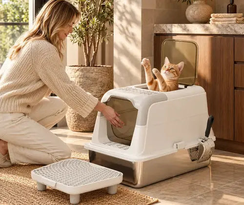 Extra Large Stainless Steel Litter Box, Enclosed Cat Litter Box with Scoop, Deodorizer Bag, Sand Drop Pedal featured in How to Plan a Litter Box Area Without Letting It Dominate the Room