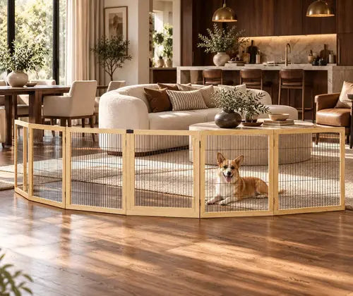 Wooden Pet Gate, 6-Panel Folding Dog Safety Barrier with Support Feet for Small & Medium Dogs, Natural Wood featured in How to Use a Wooden Pet Gate in an Open-Plan Home