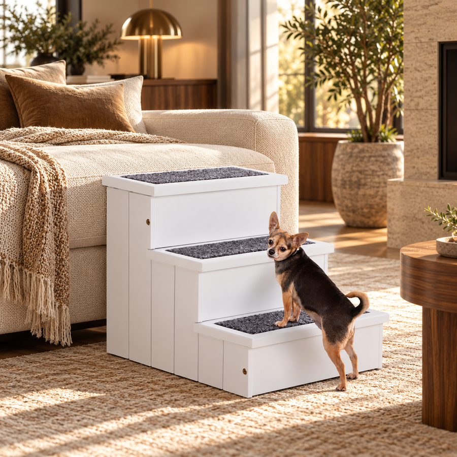 3 Step Wooden Carpeted Non Slip Pet Stairs Ramp for Cats and Small Dogs - White featured in How to Choose Pet Stairs for a Sofa or Bed