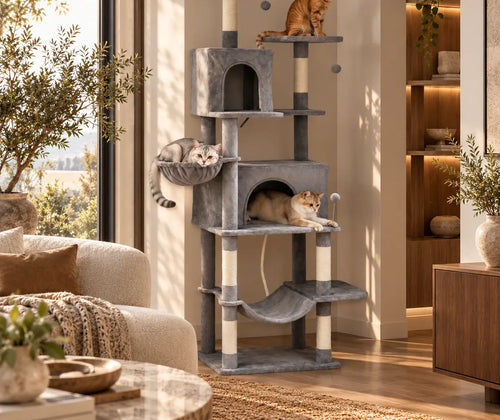 Multi-Level Cat Tower, 80" Tall Cat Tree, with 2 Condos, 2 Hammocks, 6 Sisal Scratching Posts, Dark Gray featured in How to Design a Multi-Cat Room with More Vertical Space