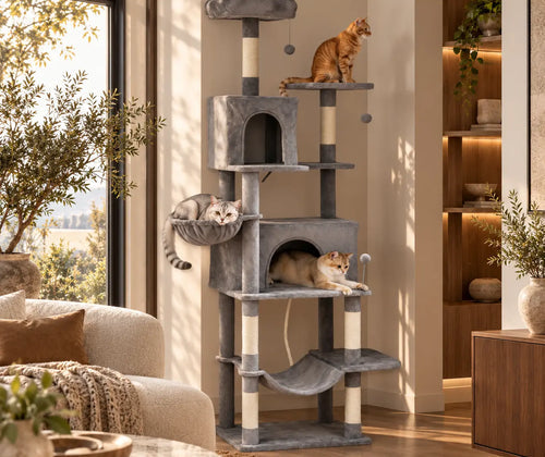 Multi-Level Cat Tower, 80" Tall Cat Tree, with 2 Condos, 2 Hammocks, 6 Sisal Scratching Posts, Dark Gray featured in How to Design a Multi-Cat Room with More Vertical Space