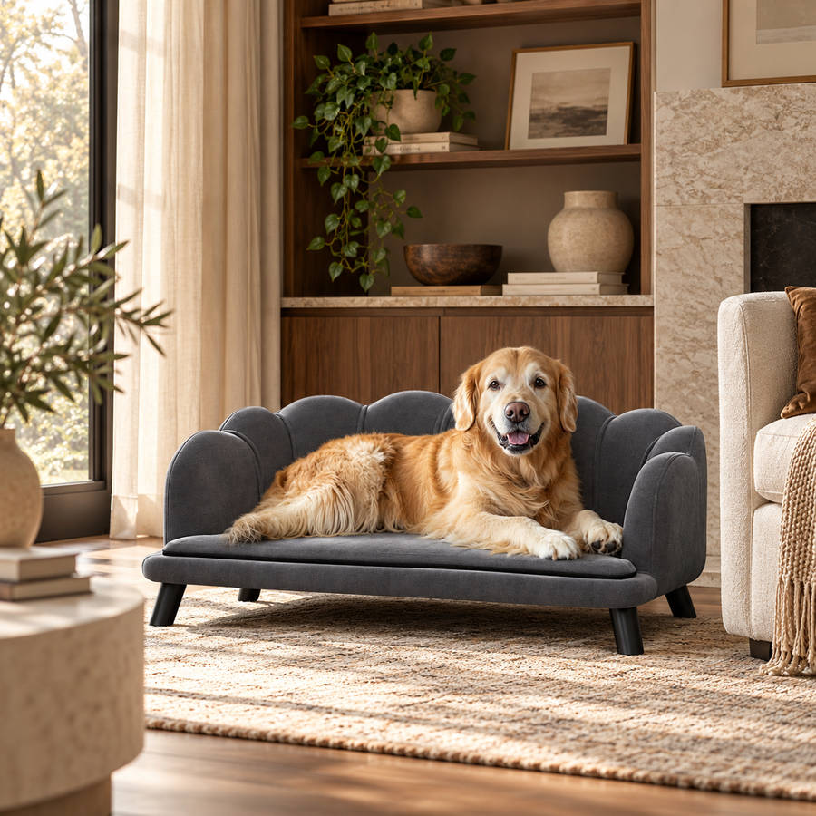 Pearl Design Pet Sofa for Medium and Large Sized Dogs, Pet Bed with Cushion and Solid Wood Legs, Charcoal Gray featured in How to Create a Coordinated Pet Corner in a Neutral Living Room