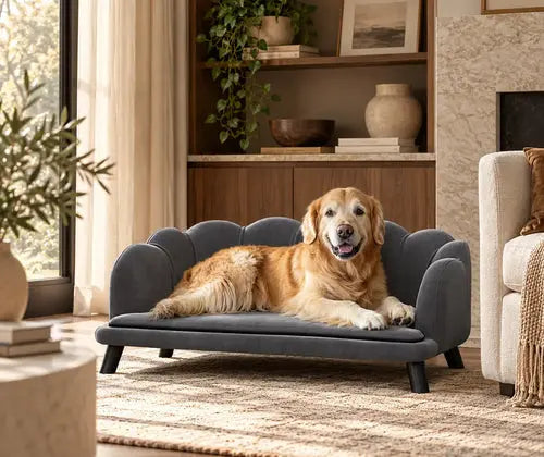 Pearl Design Pet Sofa for Medium and Large Sized Dogs, Pet Bed with Cushion and Solid Wood Legs, Charcoal Gray featured in How to Create a Coordinated Pet Corner in a Neutral Living Room