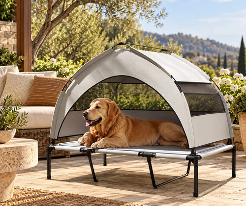 Elevated Dog Bed with Removable Canopy, Portable Outside Raised Pet Cot with Cooling Pad, Storage Bag, 42" x 30" x 37" featured in How to Set Up an Outdoor Rest Area for Your Dog