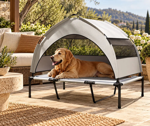 Elevated Dog Bed with Removable Canopy, Portable Outside Raised Pet Cot with Cooling Pad, Storage Bag, 42" x 30" x 37" featured in How to Set Up an Outdoor Rest Area for Your Dog