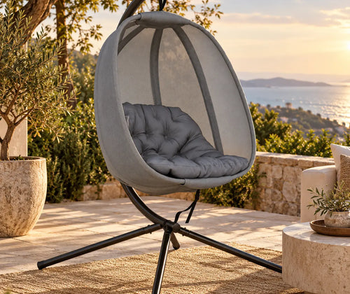 Hanging Egg Chair, Folding Texteline Swing Hammock With Side Pocket, Cushion And Stand For Indoor Outdoor, Patio Garden Furniture, Grey featured in Hanging Egg Chair vs. Patio Conversation Set: Which Fits Your Outdoor Space?