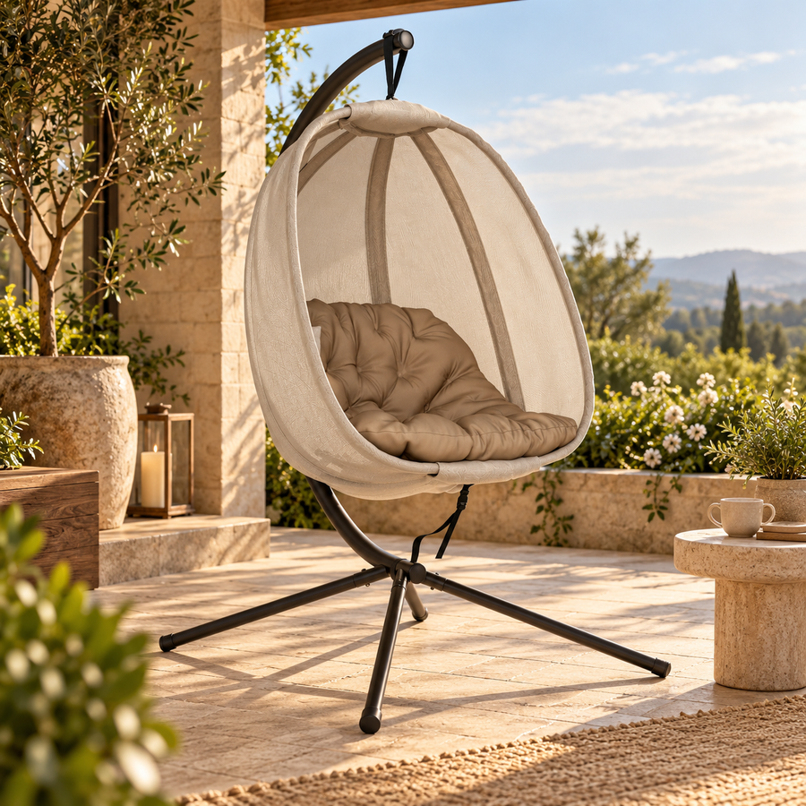 Hanging Egg Chair, Folding Texteline Swing Hammock With Side Pocket, Cushion And Stand For Indoor Outdoor, Patio Garden Furniture, Khaki featured in How to Style a Covered Porch for Morning Coffee
