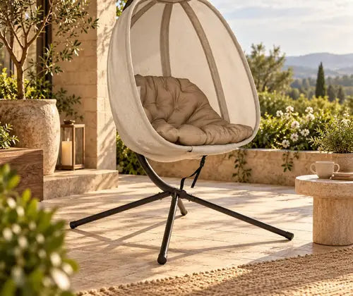 Hanging Egg Chair, Folding Texteline Swing Hammock With Side Pocket, Cushion And Stand For Indoor Outdoor, Patio Garden Furniture, Khaki featured in How to Style a Covered Porch for Morning Coffee