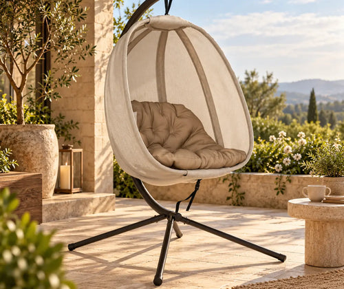 Hanging Egg Chair, Folding Texteline Swing Hammock With Side Pocket, Cushion And Stand For Indoor Outdoor, Patio Garden Furniture, Khaki featured in How to Style a Covered Porch for Morning Coffee