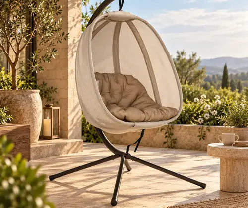 Hanging Egg Chair, Folding Texteline Swing Hammock With Side Pocket, Cushion And Stand For Indoor Outdoor, Patio Garden Furniture, Khaki featured in How to Style a Covered Porch for Morning Coffee