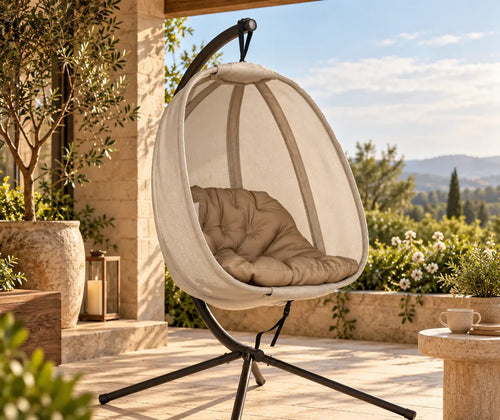 Hanging Egg Chair, Folding Texteline Swing Hammock With Side Pocket, Cushion And Stand For Indoor Outdoor, Patio Garden Furniture, Khaki featured in How to Style a Covered Porch for Morning Coffee
