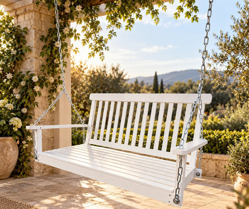 Wooden Bench Swing With Chain featured in How to Choose a Porch Swing for Your Outdoor Space