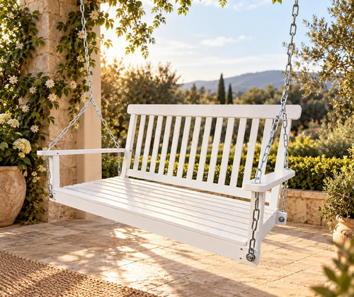 Wooden Bench Swing With Chain featured in How to Choose a Porch Swing for Your Outdoor Space