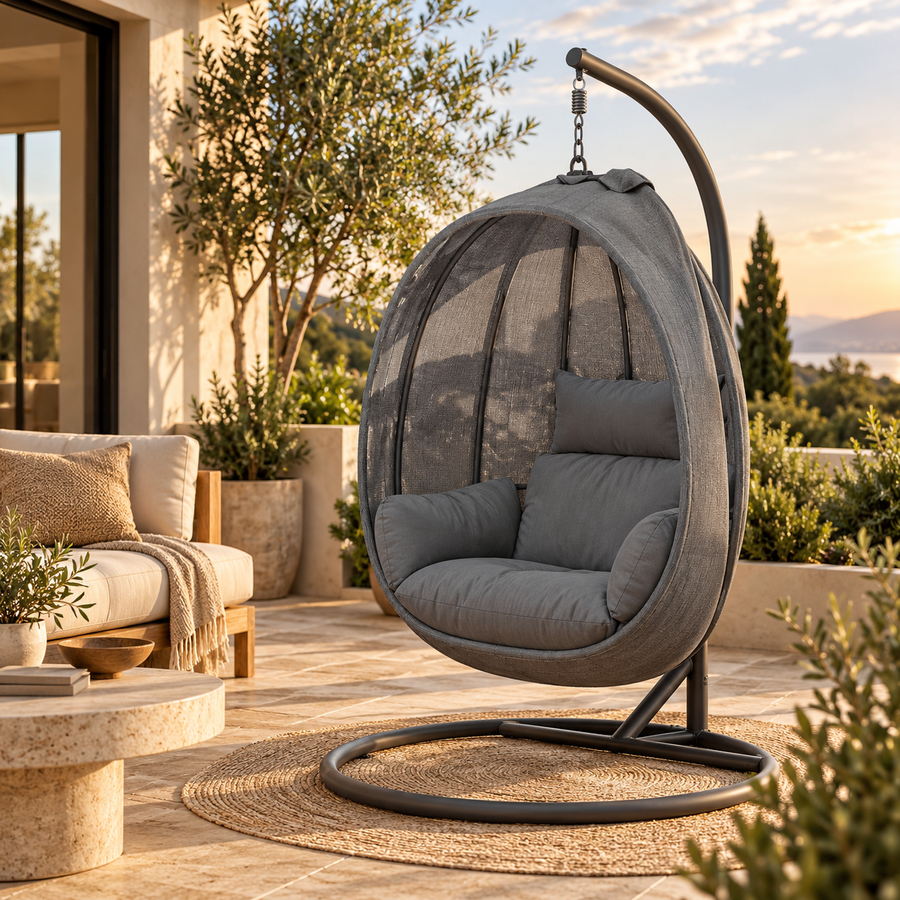 Hanging Egg Chair, Folding Texteline Swing Hammock With Side Pocket, Cushion And Stand For Indoor Outdoor, Patio Garden Furniture, Grey featured in How to Create a Relaxing Balcony Layout Before Buying Furniture