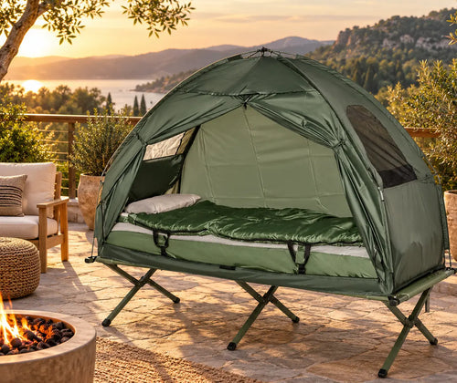All-in-One Folding Camping Cots for Adults, Elevated Tent with Sleeping Bag, Thick Air Mattress Pad, Portable Single Sleeping Cot Camping Bed featured in How to Plan a Comfortable Camping Sleep Setup Beyond a Sleeping Bag