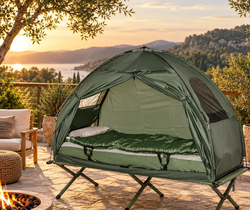All-in-One Folding Camping Cots for Adults, Elevated Tent with Sleeping Bag, Thick Air Mattress Pad, Portable Single Sleeping Cot Camping Bed featured in How to Plan a Comfortable Camping Sleep Setup Beyond a Sleeping Bag