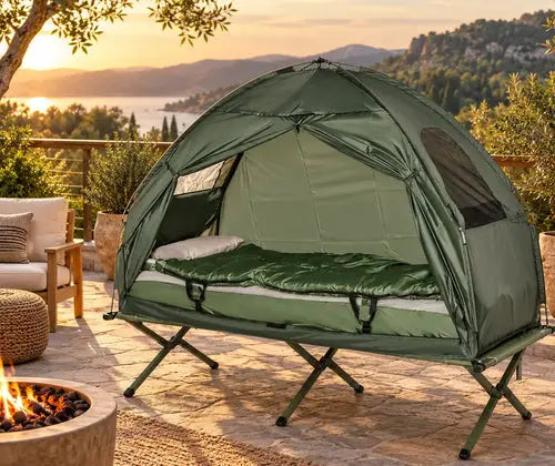All-in-One Folding Camping Cots for Adults, Elevated Tent with Sleeping Bag, Thick Air Mattress Pad, Portable Single Sleeping Cot Camping Bed featured in How to Plan a Comfortable Camping Sleep Setup Beyond a Sleeping Bag