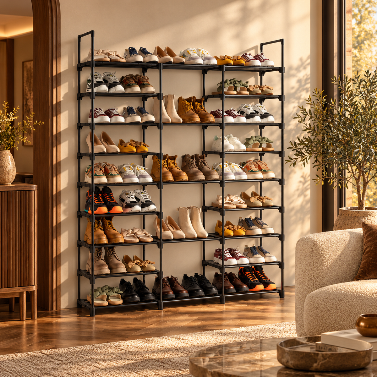 Shoe Racks 3 Rows And 9 Layers with Hooks Can Hold 50 Pairs of Shoes featured in How to Get Your Home Ready for Guests with a Room-by-Room Furniture Checklist