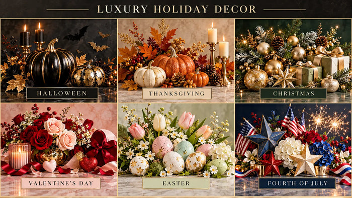 Luxury Holiday Decor collage featuring Halloween, Thanksgiving, Christmas, Valentine's Day, Easter, and Fourth of July